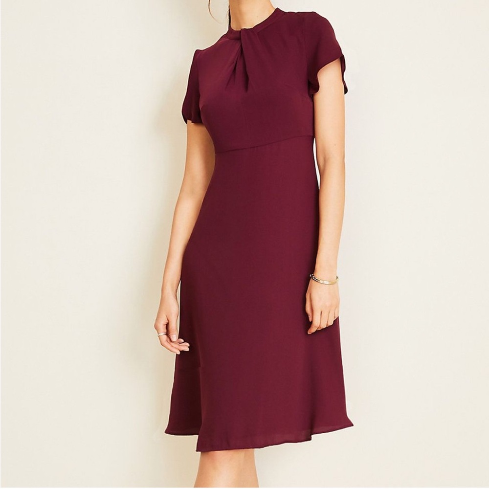 Ann Taylor Rich Burgundy Midi twist neck fitter sleeve Dress